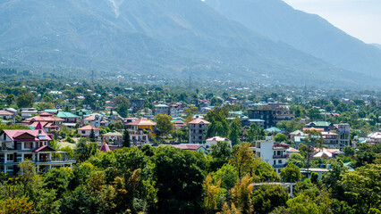 Aerial view of Dharamshala of Himachal Pradesh surrounded by cedar forests and Dhauladhar mountain range