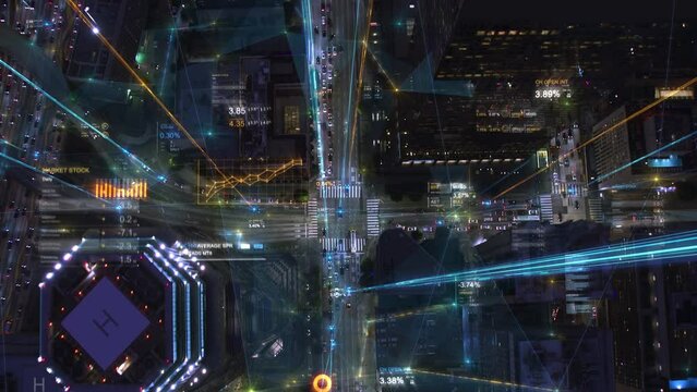 Great Aerial View of Futuristic City With Holographic Graphs and Charts. Hyper Connected Financial District With Animated Augmented Reality Elements. Over Head At Night. Los Angeles.