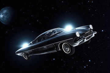Fototapeta na wymiar Futuristic retro car on galaxy and nebula background. Vehicle in space for futuristic travel. Creative spaceship. Created with Generative AI