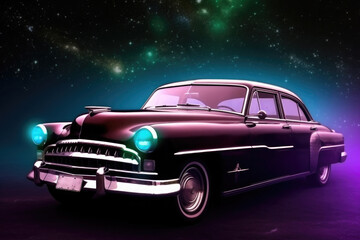 Plakat Futuristic retro car on galaxy and nebula background. Vehicle in space for futuristic travel. Creative spaceship. Created with Generative AI