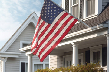 USA flag on corner of living house. Symbol of patriotism. Building with waving national american flag. Generative AI