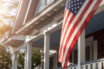 Fototapeta premium USA flag on corner of living house. Symbol of patriotism. Building with waving national american flag. Generative AI