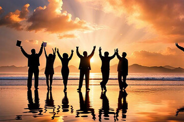 Happy Friendship Day. Photo silhouettes of more friends and jumping and raising hands with sea beach sunset time