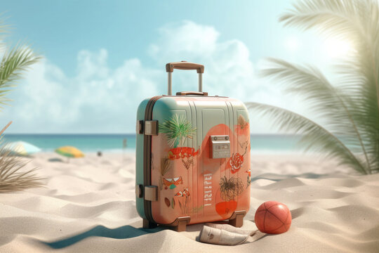 Traveler suitcase on sea beach. Travel at summer vacation concept. Generative AI