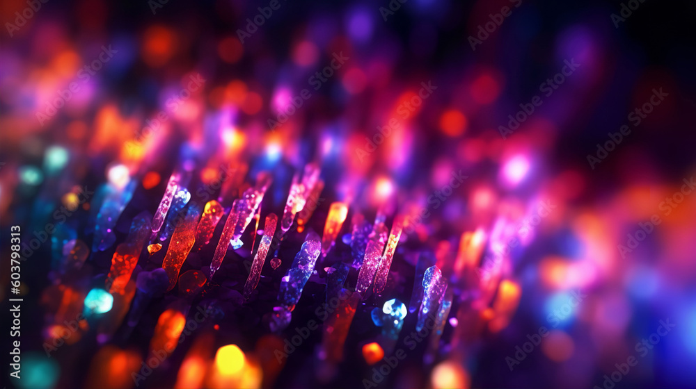 Wall mural an abstract colourful neon bokeh lights background with light glints. a.i. generated.