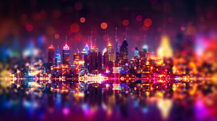 An abstract colorful neon night time city skyline lights background with lines and bokeh. A.I. generated.