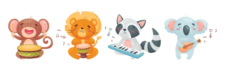 Cute Animal Character Playing Musical Instruments Performing Concert Vector Set