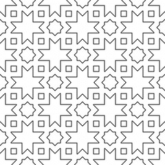 Seamless surface pattern design with Moroccan stars and crosses tiles ornament. Oriental traditional ornamentation with repeated geometric shapes. Ancient mosaic wallpaper. Grid motif.