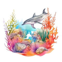 World Oceans Day watecolor background. Illustration AI Generative.