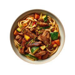 Noodles with meat and vegetables isolated Illustration AI Generative.