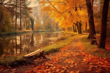 Empty bench in autumn park, fall landscape, AI Generated