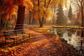 Empty bench in autumn park, fall landscape, AI Generated