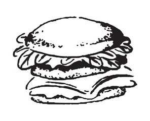 Street fast food set. Sweet desserts, snacks, takeaway eating. Burger, pizza, sandwich, croissant with fillings. Flat  outline, line art vector illustrations isolated on white background