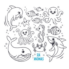 Fototapeta premium set of cute sea creatures and underwater animals, doodle. Whale, octopus,crab, fish,shark, dolphin in sketch style. Outline