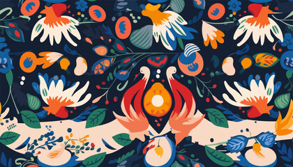 Cute Ukrainian style floral ornament pattern. Hand drawn artistic abstract print. Collage contemporary design