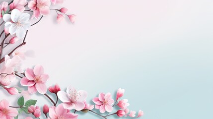 Fototapeta na wymiar a pink flowered branch with white flowers on a light blue background with a place for a text or a picture with a place for your own text. generative ai