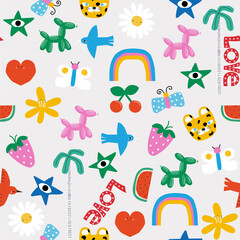 Seamless pattern with cute cartoon elements. Kids print. Vector hand drawn illustration.