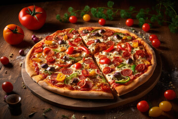 Obraz na płótnie Canvas Hot tasty traditional italian pizza with salami, olives, cheese, tomatoes, mushrooms and jalapeno pepper on wooden table decorated with vegetables and spices, AI Generated