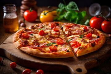 Hot tasty traditional italian pizza with salami, olives, cheese, tomatoes and mushrooms on wooden table decorated with vegetables and spices, AI Generated