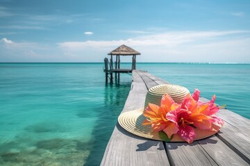 Straw hat with tropical flowers in pink and orange on a dock over the Caribbean Sea - obrazy, fototapety, plakaty