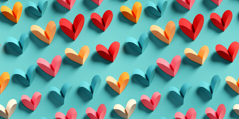 A multicolor seamless pattern with realistic paper hearts created with Generative AI technology