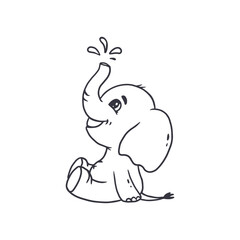 Cute baby elephant poured water from his trunk. Coloring book.Doodle style. Vector illustration