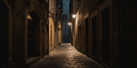 Naklejka na ściany i meble A narrow street with a light at the end of it. Generative AI image.