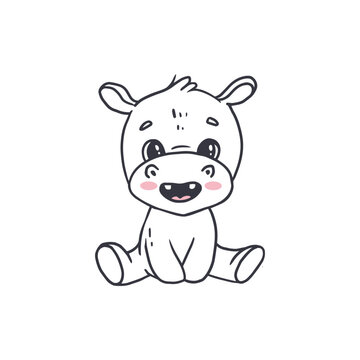 Cute cartoon smiling hippopotamus baby. Hippo on a white background. Illustration for design and print. Vector 