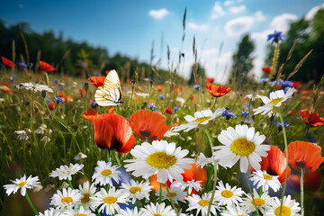  wild flower blooming field of cornflowers and daisies flowers ,poppy flowers, blue sunny sky ,butterfly and bee on flowers summer landscap,generated ai