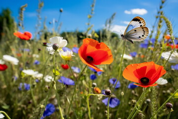  wild flower blooming field of cornflowers and daisies flowers ,poppy flowers, blue sunny sky ,butterfly and bee on flowers summer landscap,generated ai