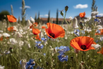 Obraz premium wild flower blooming field of cornflowers and daisies flowers ,poppy flowers, blue sunny sky ,butterfly and bee on flowers summer landscap,generated ai