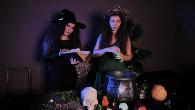 Two witches pose standing next to a table with a cauldron, skull and alchemical ingredients in a dark room.