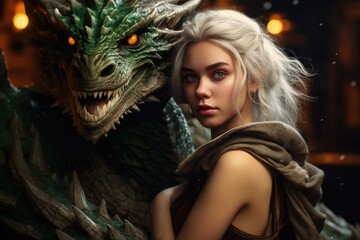 Beautiful girl, mother of dragons, with her dragon, generative ai