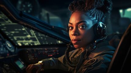 Obraz na płótnie Canvas Proud African American Female Air Force Fighter Pilot In The Cockpit of Her Fighter Jet - Generative AI.