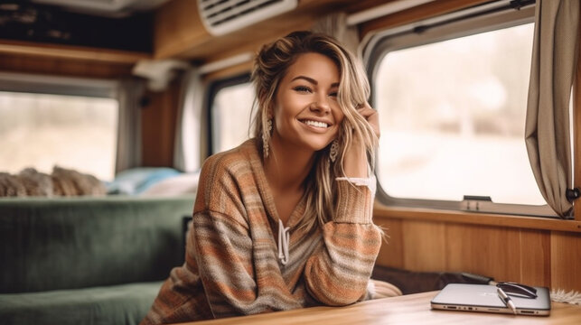 Happy Mixed-Race Young Adult Female Enjoying Working Remotely Inside Her RV Camper Trailer - Generative AI.