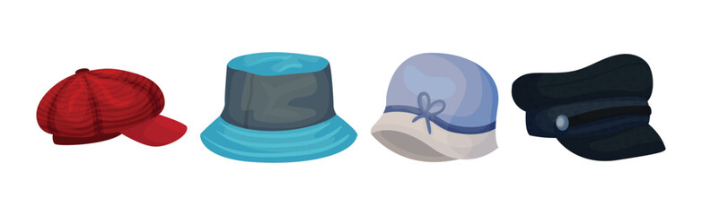 Fototapeta premium Different Hats and Headdress for Head Cover Vector Set