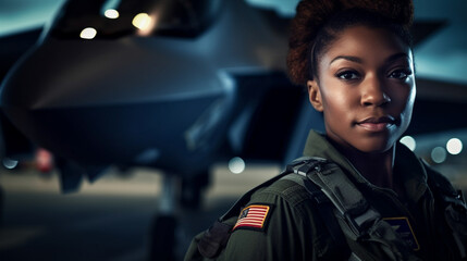 Proud African American Female Air Force Fighter Pilot Standing In Front of Her F35 - Generative AI.