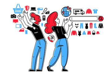 Online shopping and discount vector outline illustration, store workers team managing goods or customers have a big choice and enjoying cheap prices, advisers and consultants.