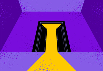 Half open secret door new opportunities concept vector illustration, fear of the unknown, step inside the light from the dark, what is behind, what is there.