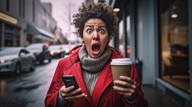 Delightedly Surprised or Horrified Young Adult Female Holding Her Coffee Cup and Cell Phone Walking Outside - Generative AI.