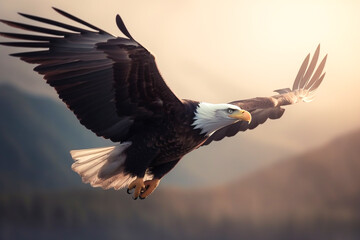 Obraz premium Majestic bald eagle flying in the clouds on mountain peaks covered with forests. Bald eagle soaring in the sky. Generative AI