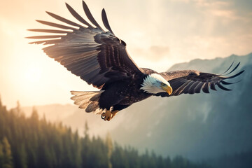 Fototapeta na wymiar Majestic bald eagle flying in the clouds on mountain peaks covered with forests. Bald eagle soaring in the sky. Generative AI