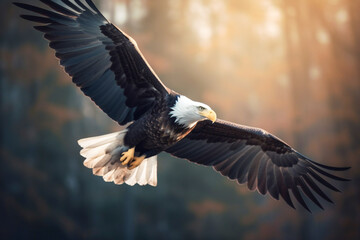 Fototapeta premium Majestic bald eagle flying in the clouds on mountain peaks covered with forests. Bald eagle soaring in the sky. Generative AI