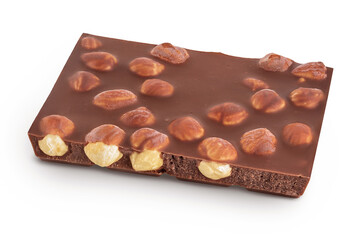Chocolate with hazelnuts isolated on white background with full depth of field.