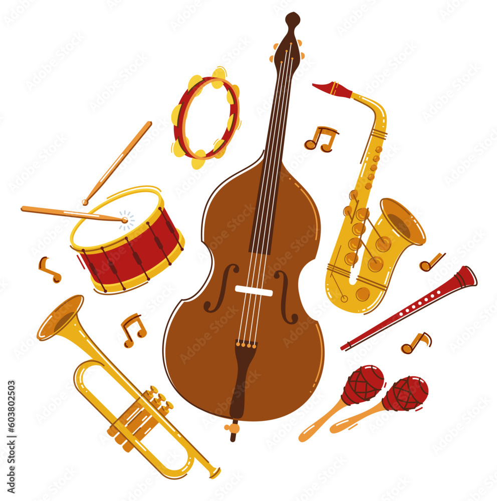 Sticker jazz music band concept different instruments vector flat illustration isolated on white background,