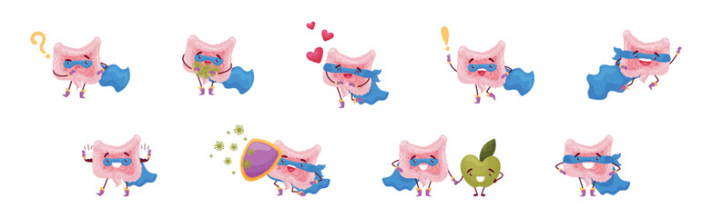 Funny Brain Superhero in Blue Cloak and Mask Vector Set