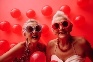 banner gray-haired elderly women are photographed in the studio on a red background, in glasses and swimsuits, with makeup, very funny portraits, ai generation