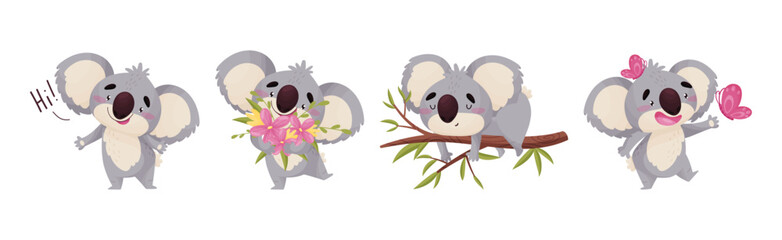 Cute Gray Koala Bear Engaged in Different Activity Vector Set