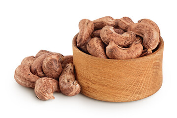 cashew nuts heap with shell in wooden bowl isolated on white background