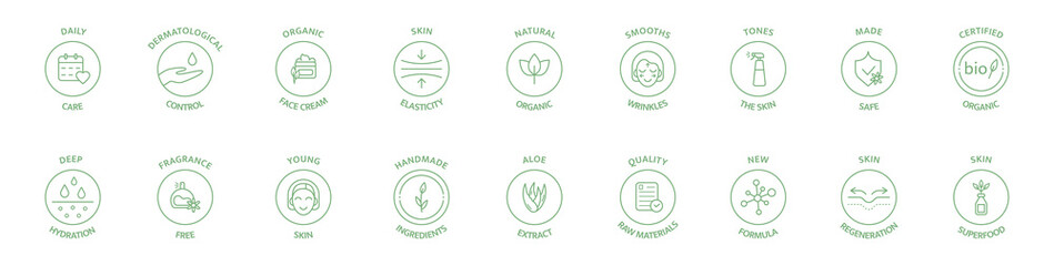 Cosmetic line icon set. Natural organic cosmetic. Bio product sticker. Skin superfood. Certified organic. GMO free. Product free allergen label. Dermatological control. Vegan. Vector illustration